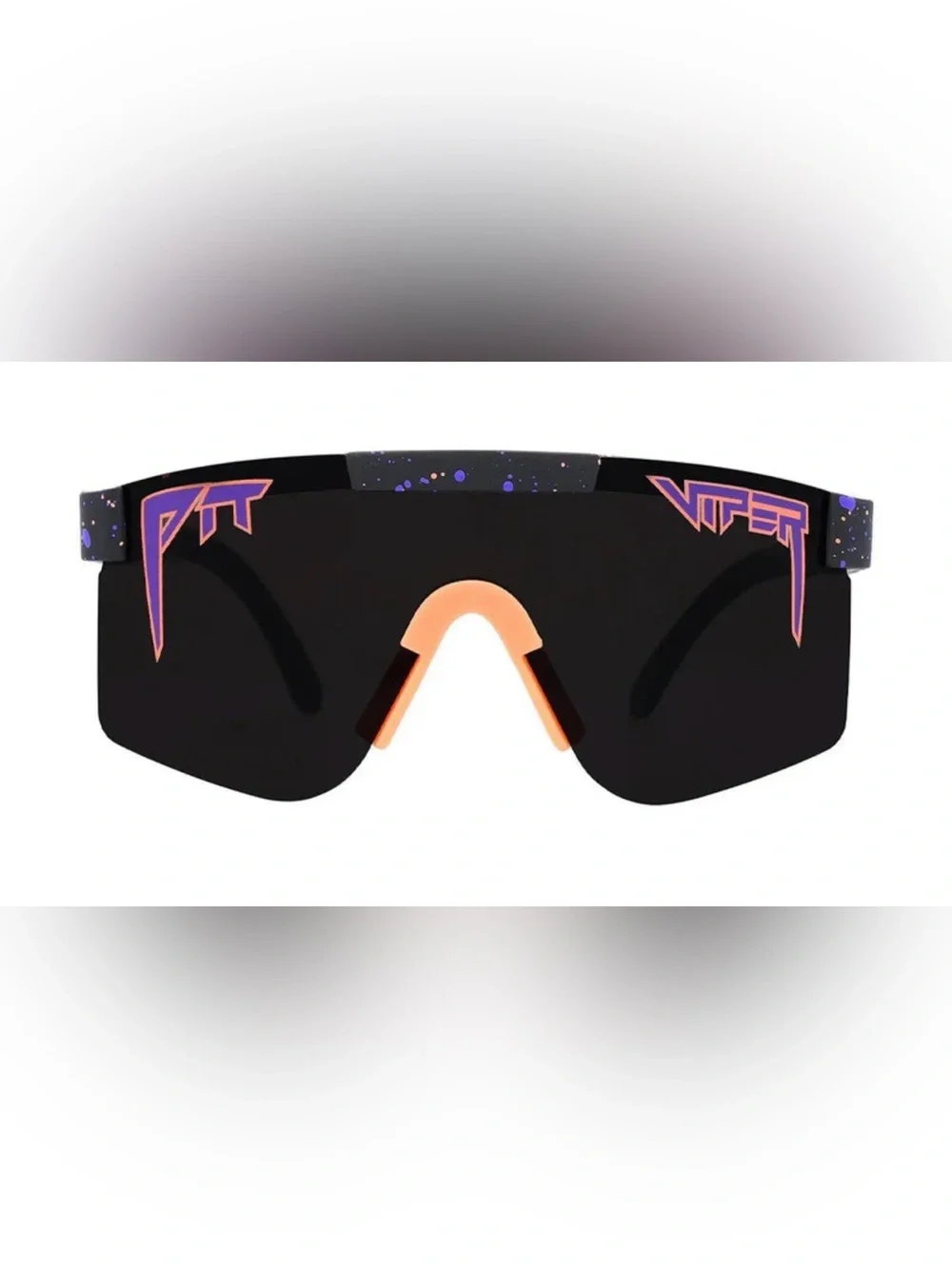Pit Viper Black Shield Sunglasses with Peach Nose Pad and Purple Accents
